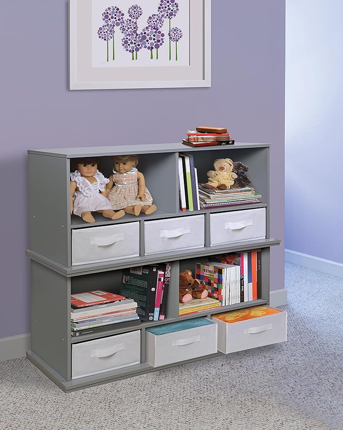 Badger Basket Stackable Toy Storage Organizer - 5-Shelf Modular Unit with 3 Removable Fabric Bins, Solid Panel Construction, Expandable Design for Toys and Crafts - Gray