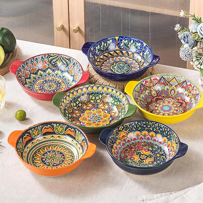 Henten Home Porcelain Pasta Bowls with Handle - 30 oz Ceramic Soup Bowls Set of 6, Colorful Serving Dishes for Salad, Cereal, Dinner, Bohemian Style, Microwave & Dishwasher Safe