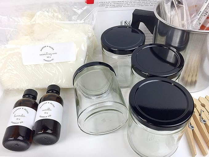 Complete DIY Coconut Wax Blend Starter Candlemaking Kit by Banter & Bliss Candle Co. - Makes Four 7 oz. Candles - Full Beginner Kit (34 pieces) includes 2 lb. Pour Pitcher & Thermometer