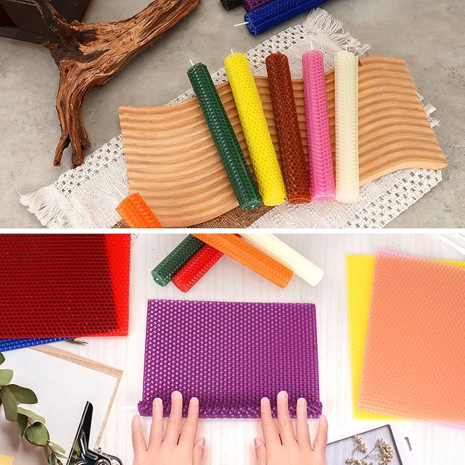 WEJOZEE 8x8 Inch Beeswax Candle Making Kit, Cotton Wick & Stencil - Create Your Own Unique Beeswax Candles-20 Pack -10 Color