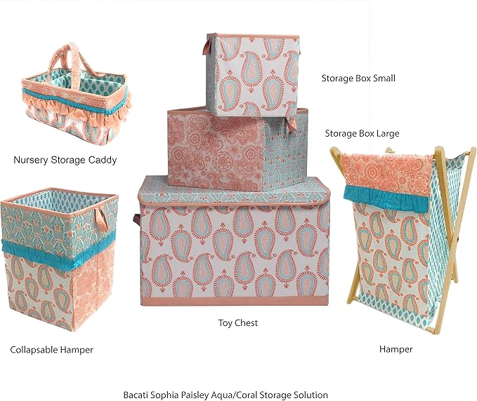Bacati - Paisley Kids Storage (Collapsible Hamper 14 x 14 x 19 inches, Coral/Aqua)