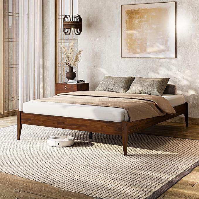 Bme Dinkee 15-Inch Solid Wood Queen Platform Bed Frame - Japanese Joinery, Minimalist Style - Wood Slats, Easy Assembly, No Box Spring Needed - Chocolate