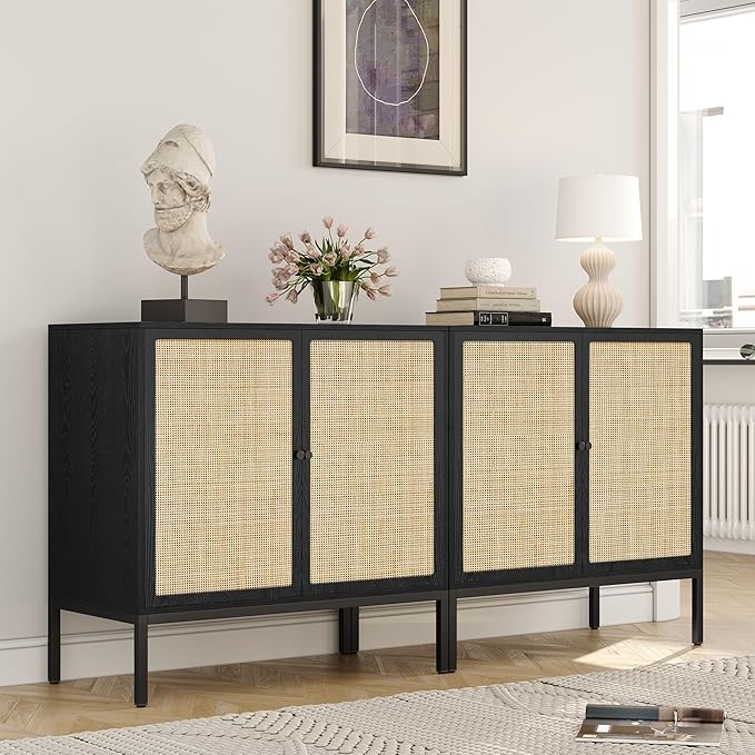 Yechen Set of 2 63" Sideboard Cabinet with Natural Rattan Doors, Buffet Console & Accent Cabinet, Rattan Credenza Storage with Metal Legs for Living Room, Kitchen, Dining Room/Black+Nautural
