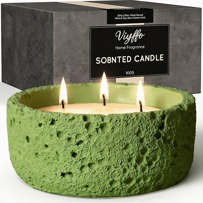 Viyffo 20oz Large Scented Candle – Woodland Breeze, 3 Wick Non Toxic Soy Candles for Women and Men, Elegant Matte Green Ceramic Jar, Luxury Home Fragrance, Elegant Outdoor Décor & Spring Gift