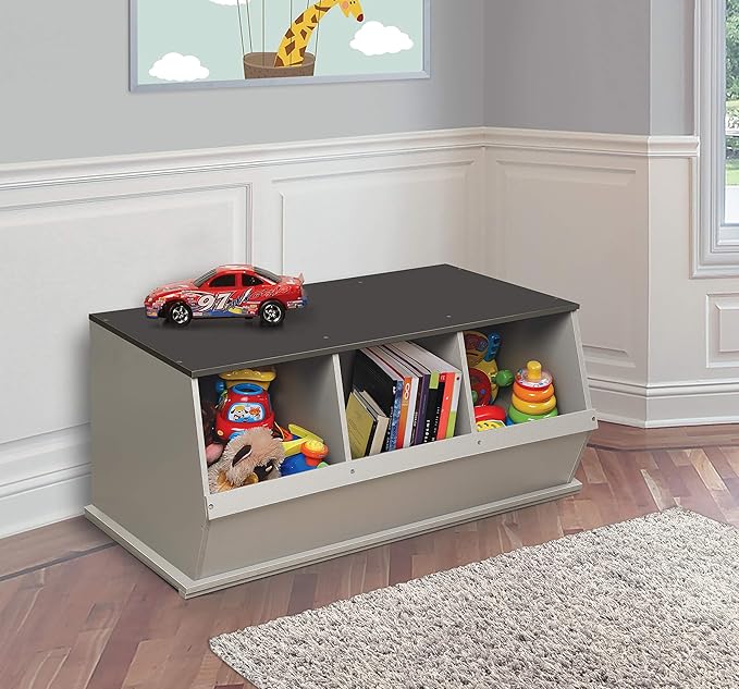 Badger Basket Three-Bin Stackable Storage Cubby – Woodgrain Gray, Expandable Storage with Top Display Shelf for Toys, Crafts & More