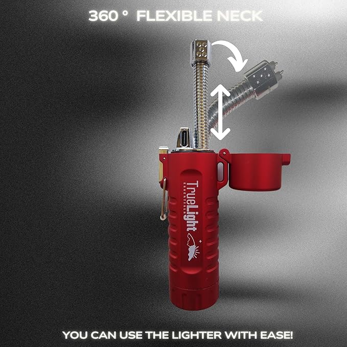 TrueLightEssentials Electric Rechargeable Plasma Lighter - Waterproof USB Arc Lighters with Flashlight LED Battery Indicator and Flexible Neck for Candle Survival Camping Emergency (Red, Long)