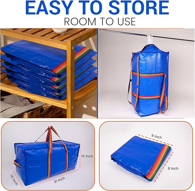 Strong180gsm Extra Large Moving Bags, Premium quality, Zipper Clothing Storage Tote, Three Carrying reinforced Handles, Versatile for Dorm, Packing, Storing, Organizing, Clothes, Blankets, Toys.