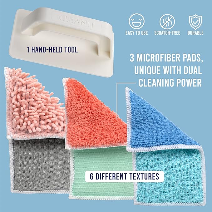 Don Aslett’s Scrub & Switch Combo Set | Dual-Sided Scrub, Clean, and Polish Sponges Included | Handheld Tool for Extra Scrubbing Power | Reusable and Machine Washable