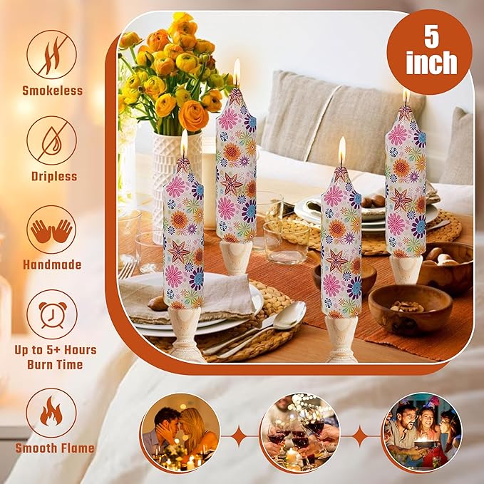 5 inch Short Candle Floral Candle Sticks Printed Candlestick Handmade Unscented Taper Candle 4 Pack Flower Tapered Candles for Home Dinner Wedding Holiday