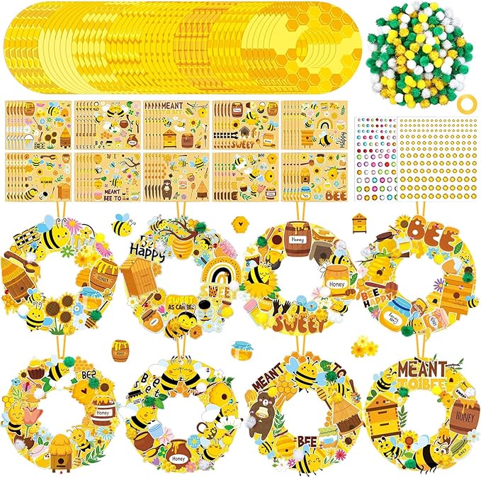 Hollowfly 48 Sets Bee Wreath Crafts Kits DIY Honey Bee Wreath Hanging Ornaments Make Your Own Paper Honeybee Craft with Sunflower Honey Flower Stickers for Summer Home Party Favors Activities