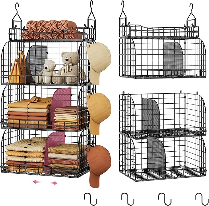 SWTYMIKI Hanging Closet Organizer Storage - 4 Tier Metal Stackable Hanging Closet Shelves with Dividers and S Hooks, Foldable Clothes Shelves for Clothes, Pants, Shoes, Coat, Hats Clutches Accessories