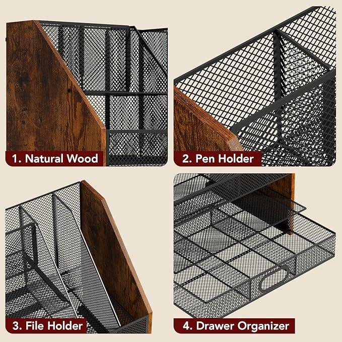 Homsorout Wooden Desk Organizer - Mesh File Organizer with Drawers and Pen Holder - 4-Tier Vertical Paper Letter Storage Tray, Desktop Organizers and Accessories for Home Office
