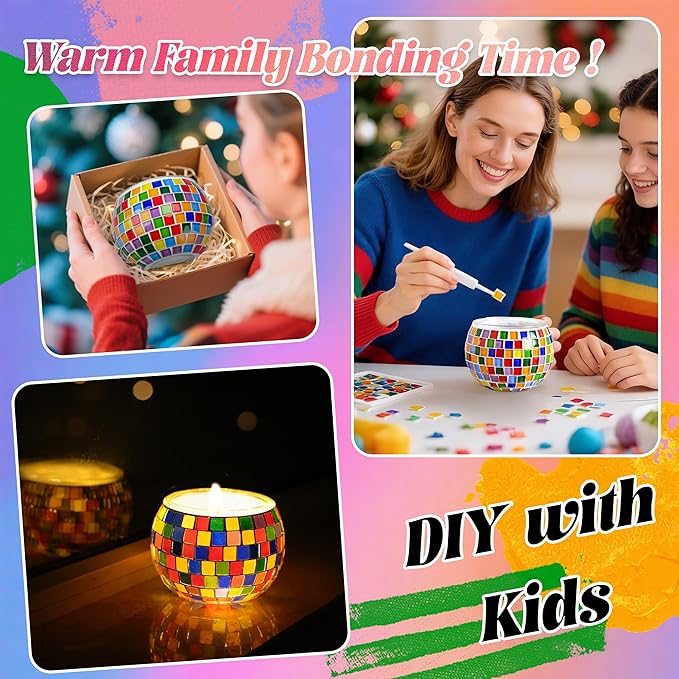 Joyclub DIY Mosaic Candle Holder Kit Mosaic Kits for Adults Stained Glass Tealight Candle Holder for Home Lighting Decor Girls Birthday Craft Gifts