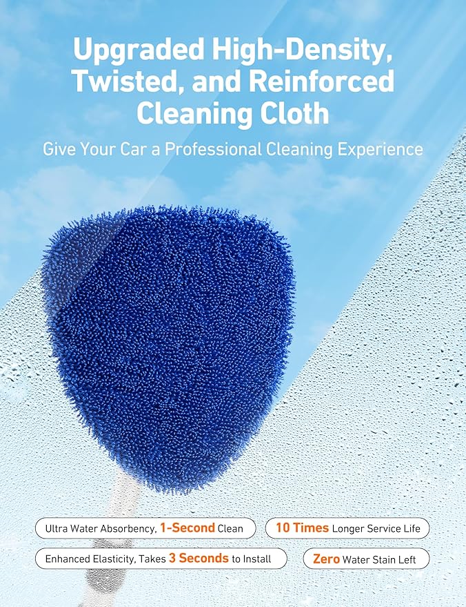 AstroAI Windshield Cleaner Tool, Car Interior Window Detailing Cleaning Kit with Extendable Handle and 4 Easy-to-Install Reusable Microfiber Pads, Auto Glass Wiper Brush Kit for Car&Home, Blue, 21in