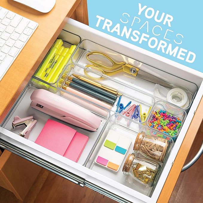 primebox Plastic Clear Drawer Organizers. Bathroom, Kitchen, Bedroom, Nail Polish, Office Organizer Bins, Storage Trays. Heavy Duty, Stackable. 6" x 3" x 2" Set of 6