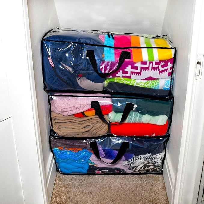ZENPAC Clear Blanket Storage with Handles, Zippered Plastic Bags, Heavy Duty, Waterproof for Packing Clothes, Linens, Comforters, 27x12x13.75, 3 Pack