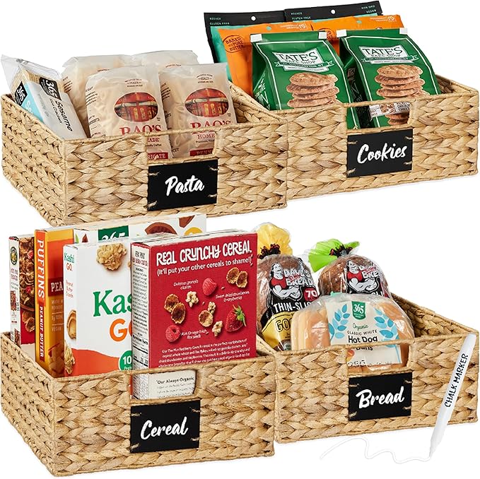 Best Choice Products Set of 4 13x12in Water Hyacinth Pantry Baskets, Woven Organizers w/Chalkboard Label, Chalk Marker - Natural