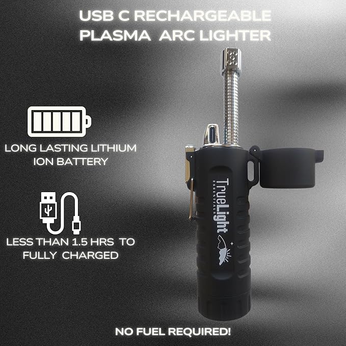 TrueLightEssentials Electric Rechargeable Plasma Lighter - Waterproof USB Arc Lighters with Flashlight LED Battery Indicator and Flexible Neck for Candle Survival Camping Emergency (Black, Long)