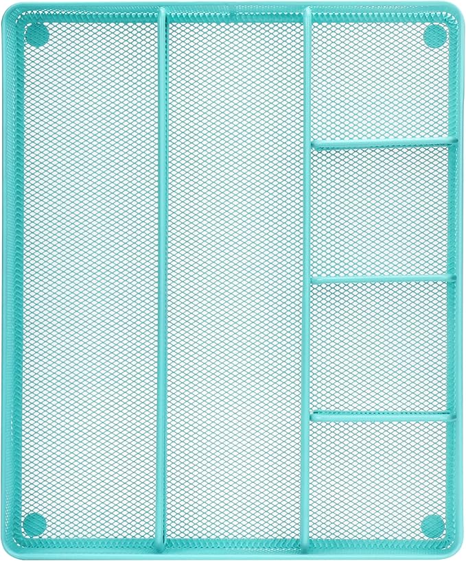 Annova Desk Top Organizer Tray for Office Organization - Metal Mesh - Storage Tray with Dividers for Pens, Desktop Accessories, Bathroom, Kitchen, Makeup and Office Supplies (Large, Turquoise)