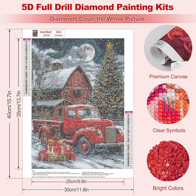 MEIYUDA Christmas Diamond Painting Kits for Adults, 5D Winter Farm Truck Diamond Art Kits for Beginners, DIY Gem Art Crystal Painting for Home Wall Decor and Present 12x16inch