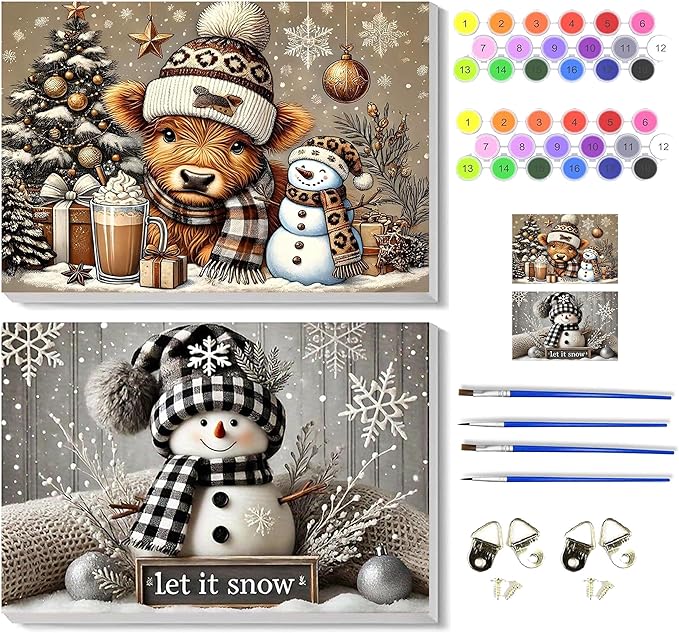 2 pack Christmas Paint by Numbers Kit for Adults Beginner with Framed,Snowman Easy Adult Paint by Number Kits on Canvas DIY Painting for Beginners Art by Numbers for Home Wall Decor 10x12 Inch