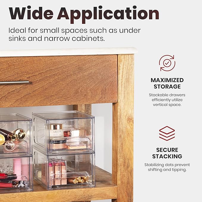 Oizeir Clear Stackable Storage Drawers - 4-Pack Acrylic Makeup Organizer Bins for Vanity, Bathroom, Countertop, Cabinet, or Kitchen - Perfect for Cosmetics, Office, and Small Item Organization