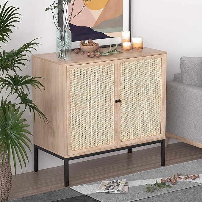 XIAO WEI Sideboard Buffet Cabinet with 2 Natural Rattan Decorated Doors, 31.5" W Accent Rattan Cabinet, Boho Credenza Storage Cabinet, for Living Room Dining Room Hallway, Metal Legs, Natural(3 PCS)