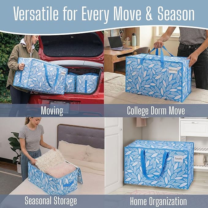 VENO 10 Pack Extra Large Heavy Duty Moving Bags with Wide Opening & Reinforced Handles, Reusable Storage Tote Bags with Strong Zippers for Clothes, College Dorm Essentials & Moving Supplies