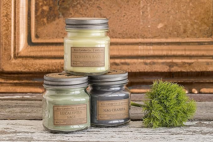 ECO CANDLE CO. Mason Jar Candle, White Tea & Ginger, 8 oz. - Scents of White Tea, Spices, Citrus, Jasmine, & Ginger - 100% Soy Wax, No Lead, Kraft Label & Antiqued Pewter Lid, Hand Made