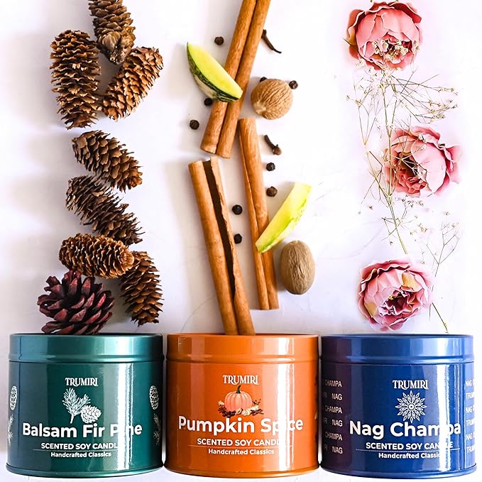 Balsam Fir Pine, Pumpkin Spice, Nag Champa - Soy Candles Non Toxic - Highly Scented Long Lasting with Essential Oils - Variety Pack of 3 x 5oz - for Home Aromatherapy Meditation Gift Travel