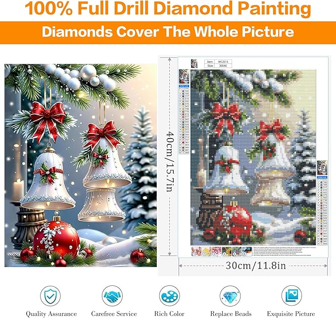 Diamond Art Kits for Adults, Christmas Bell Diamond Painting Kits for Beginners, 5D Full Drill Gem Art Paint with Diamonds Dots Crafts Kits for Home Decor Gift 12x16inch