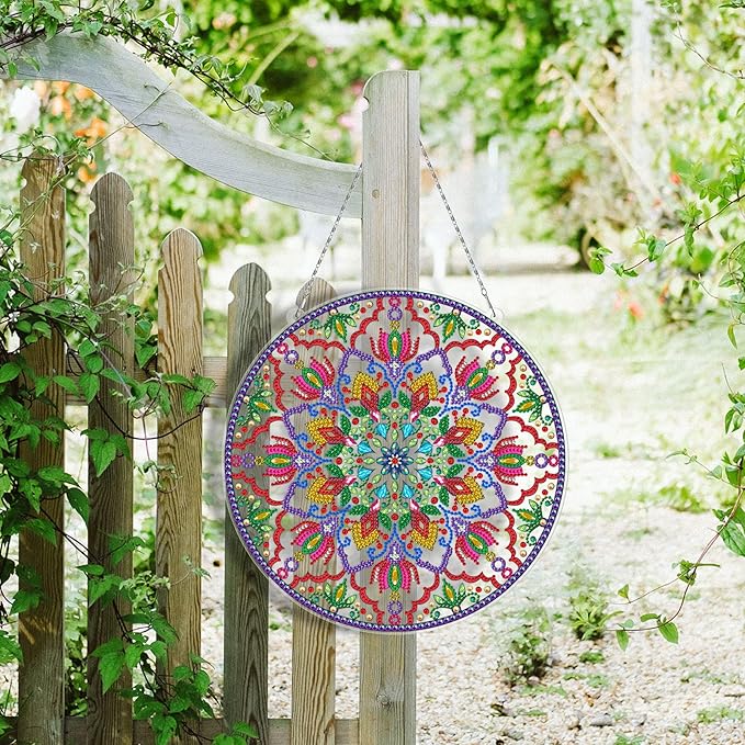 5D Diamond Art Painting Mandala Hanging Signs with LED Light String DIY Mandala Diamond Dots Hanging Ornament Special Shaped Rhinestones Paint by Number Embroidery Kits for Home Wall Front Door Decor