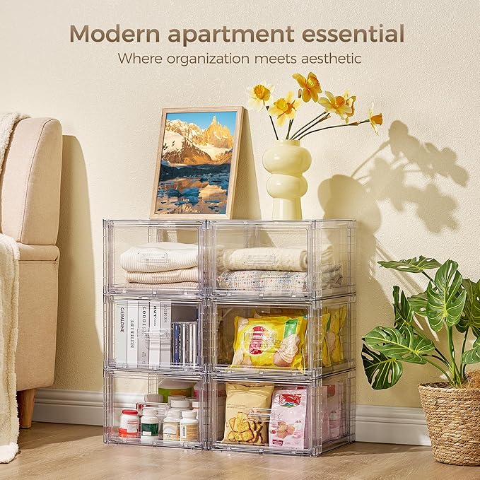 Vtopmart 6 Pack Clear Stackable Storage Bins, Easily Assemble Bathroom Organizers,Plastic Storage Bins for Kitchen Pantry,Under Sink Organization(Medium)