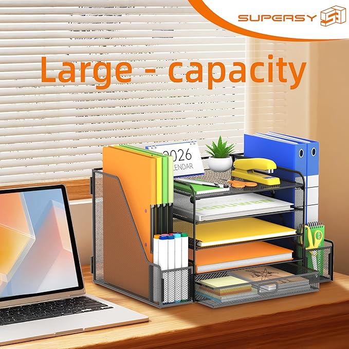 SUPEASY Mesh Desk Organizer with File Holder, 5-Tier Paper Letter Tray Organizer with Magazine Holder, Desktop Organizer and Storage with Drawer for Office Supplies Home or School (Black)