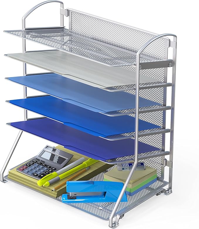 Simple Houseware 6-Tier Sliding File Organizer, Desk Letter Tray for Document and Mail Sorting, Silver