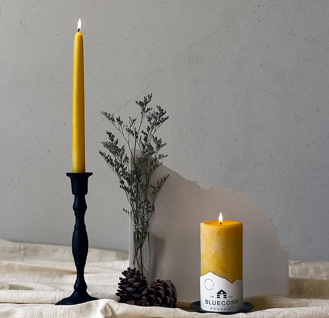 Bluecorn Beeswax Taper Candles, 100% Pure Natural Bees Wax, Pair of 12 Inch Yellow Tapered Candlesticks, Clean Burning & Dripless, Fragrance Free, Long Lasting, Home Decor, American Made, 1 Count