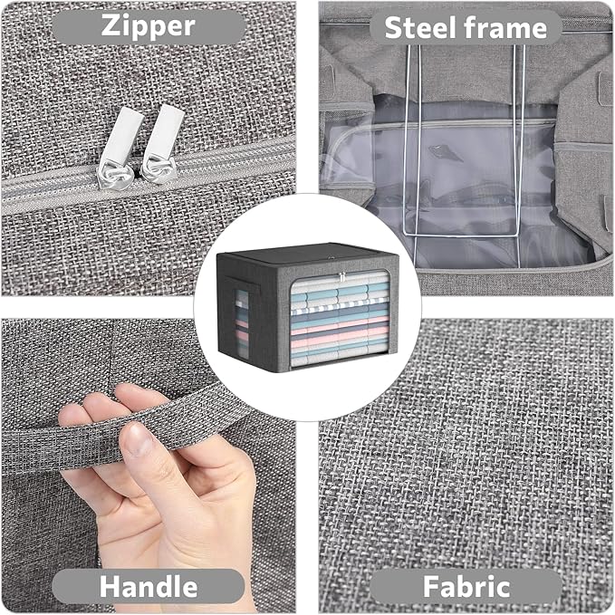 FHSQX 2 Pack Clear Window Storage Bins Stackable Linen Fabric Storage for Clothes Foldable Box Organizer Set with Carrying Handles-36L (Gray, 15.7x 11.8x 11.7 Inch)