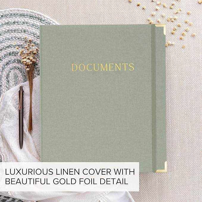 Sturdy Document Organizer Set with Folders - Beautiful Linen 3-Ring Binder Safely Stores All Important Documents & Files in One Place - Easy to Use Expanding Storage Incl. Envelopes, Pockets & Labels