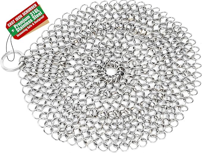 AMAGABELI GARDEN & HOME 8”x8” 316L Cast Iron Cleaner Stainless Steel Chainmail Scrubber for Cast Iron Pan Skillet Cleaner Dishes Pot Dutch Oven Wok Grills