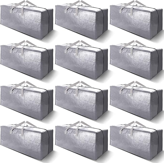 VELVETSURE 12 Pack Heavy Duty Extra Large Moving Bags W/Backpack Straps - Strong Handles & Zippers, Storage Totes For Space Saving, Fold Flat, Alternative to Moving Box and Storage Bin, Silver