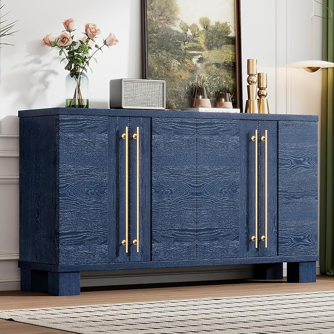 Amposei Modern Sideboard Cabinet 60-Inch Wood Console Storage Cabinet Credenza Dining Buffet Table with 4 Doors and Adjustable Shelves for Living Room Entryway, Navy Blue