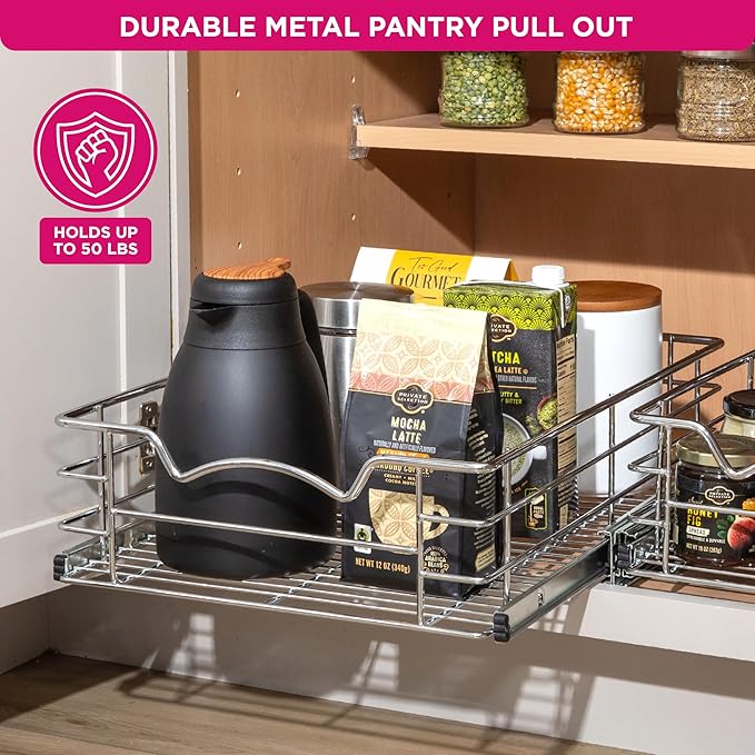 HOLDN’ STORAGE Pull Out Cabinet Organizer, Slide Out Drawer for Kitchen Cabinets & Pantry, Roll Out Shelf for Pots, Pans & Under Sink Storage, Heavy-Duty Full-Extension, 11"W x 21"D x 5"H