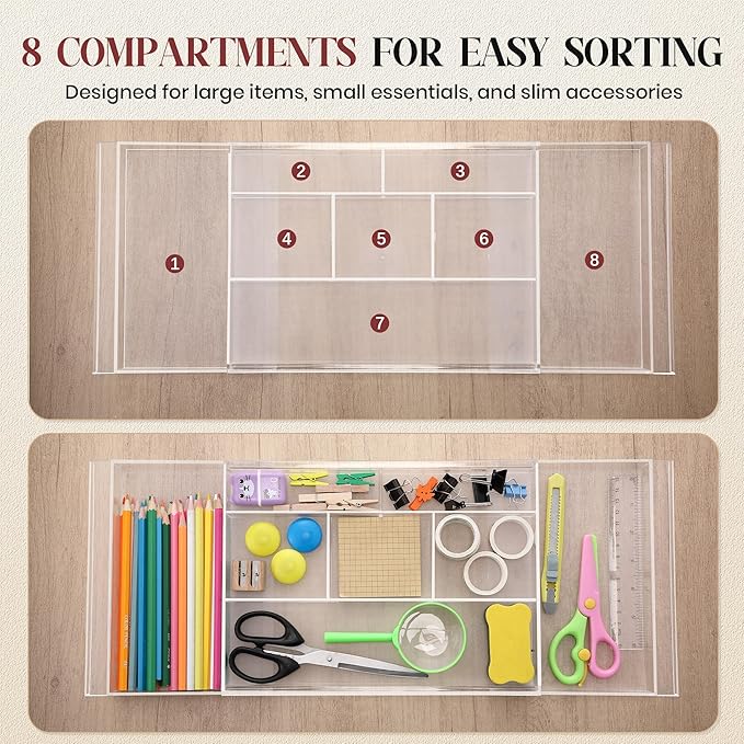 4pack Shallow Expandable Drawer Organizer, Adjustable 12.5”–20” Clear Plastic Drawer Organizer Tray for Vanity Bathroom Desk Kitchen Drawers, Multi Compartment Storage