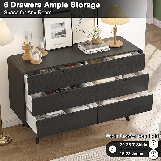 Black Modern 6-Drawer Dresser & TV Stand, 47" Wide Storage Cabinet with Unique Wooden Handles, Mid-Century Style Chest of Drawers for Bedroom, Living Room, Hallway