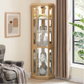 69" H Lighted Curio Cabinet Corner Display Case,Corner Glass Cabinets with Tempered Glass Door and Adjustable Shelves,Wooden Curio Cabinet with Mirrored Back Pane (Style 2 - Light Oak)