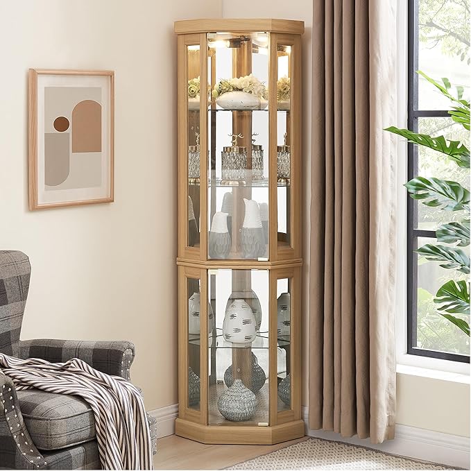 69" H Lighted Curio Cabinet Corner Display Case,Corner Glass Cabinets with Tempered Glass Door and Adjustable Shelves,Wooden Curio Cabinet with Mirrored Back Pane (Style 2 - Light Oak)