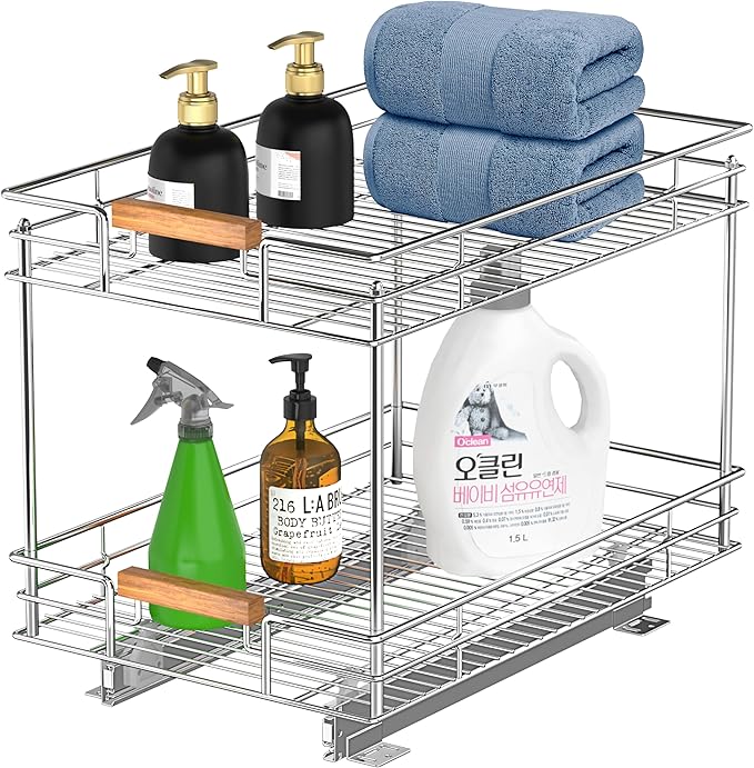 Mount Walker Pull Out Cabinet Organizer(14" W x 21" D), 2 Tier Slide Out Shelves with Wood Handle, Sliding Drawer Pull Storage Shelf for 15-1/4” Cabinet Opening, Chrome