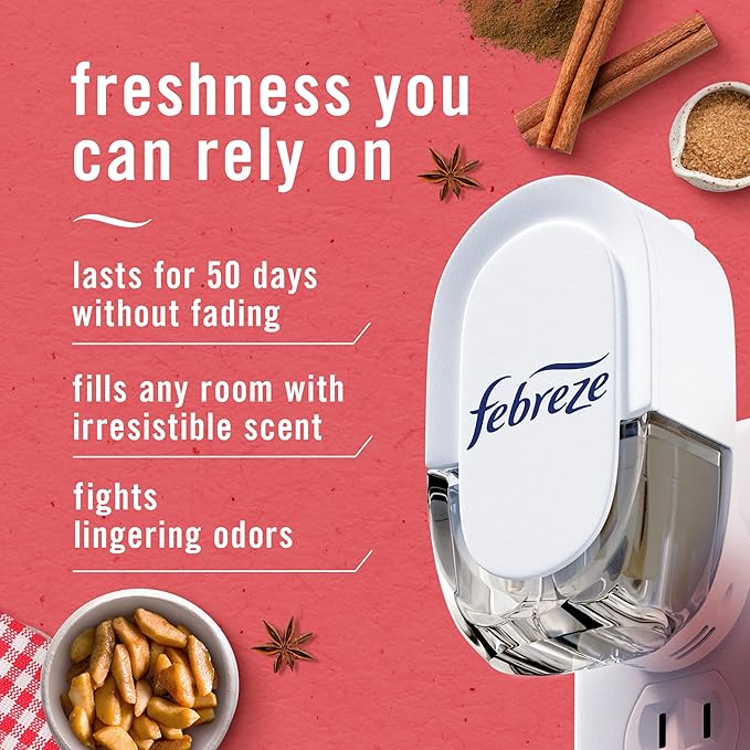 Febreze Plug-In Air Freshener, Odor-Fighting Scented Oil Refill for Home, Bathroom & Kitchen, Holiday Baked Cinnamon Apples Scent, 0.87 oz Refills, 4 Count