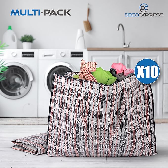 Deco Express Moving Bags with Zipper, Handles, Pack of 10 Large 75L/20 gal Foldable Heavy Duty Home Storage, Clothes Storage, Moving Supplies (Pack of 10)