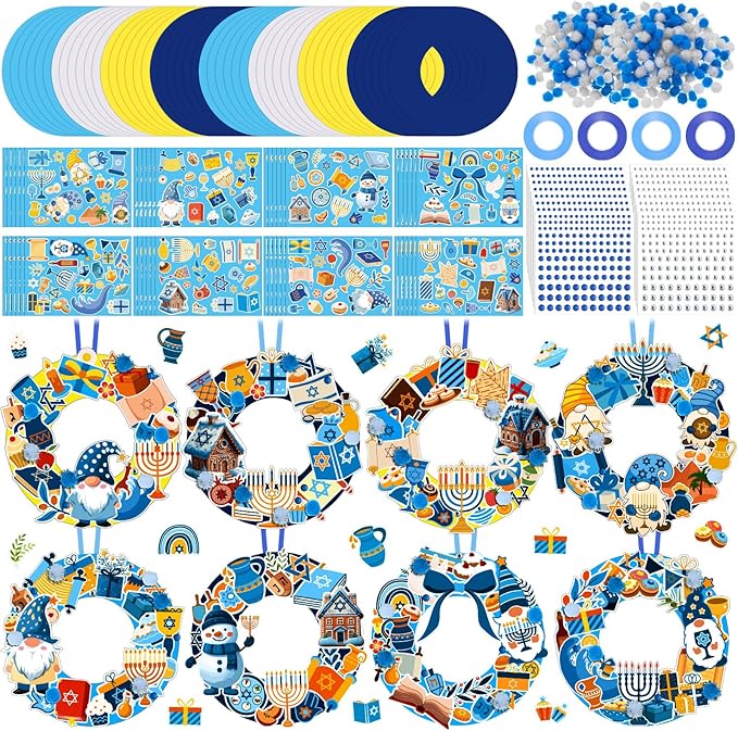Hollowfly 48 Sets Hanukkah Wreath Craft Kits DIY Menorah Hanging Ornaments Make Your Own Hanukkah Craft with Stickers for Home Party DIY Activities